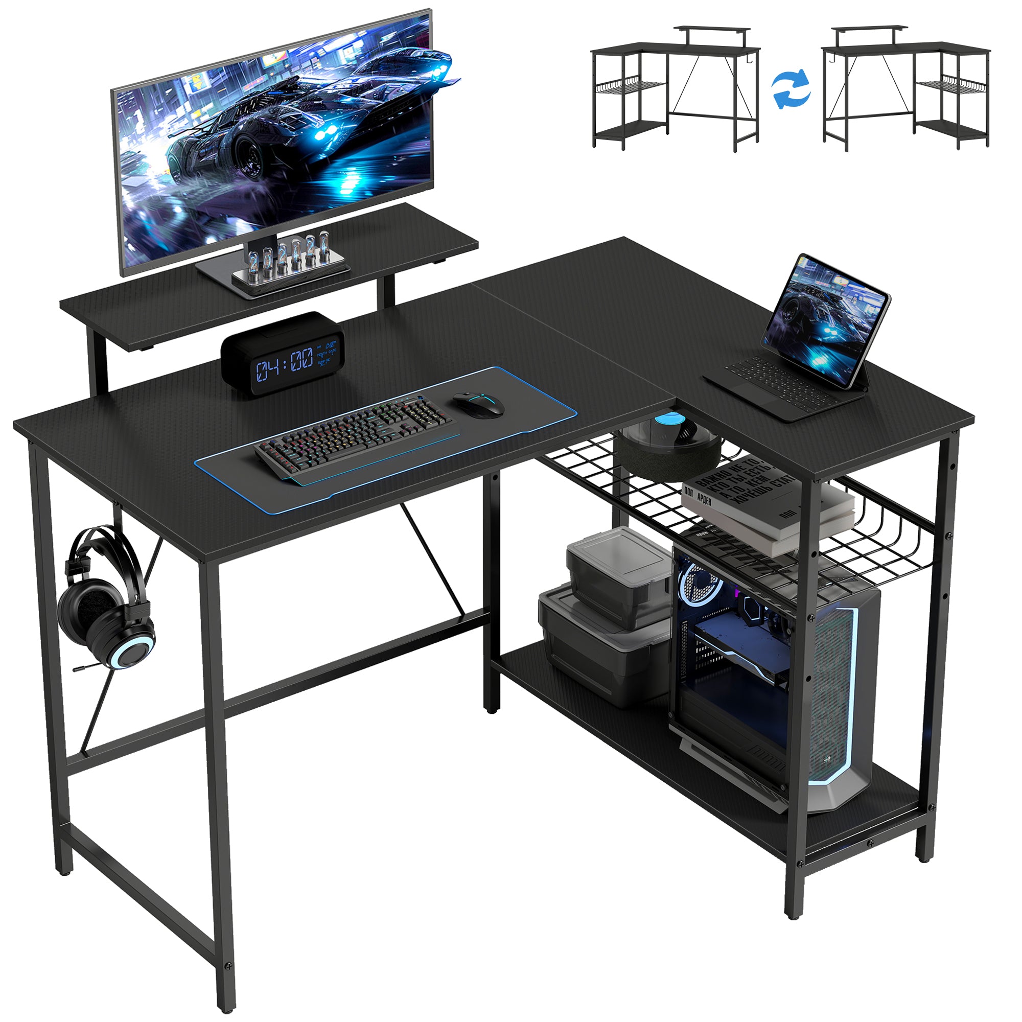 Reversible L-Shaped Gaming Desk with Monitor Stand & Adjustable Mesh Shelf, 114.5 x 82 cm (45.1 x 32.3 in), Black Carbon-Fiber