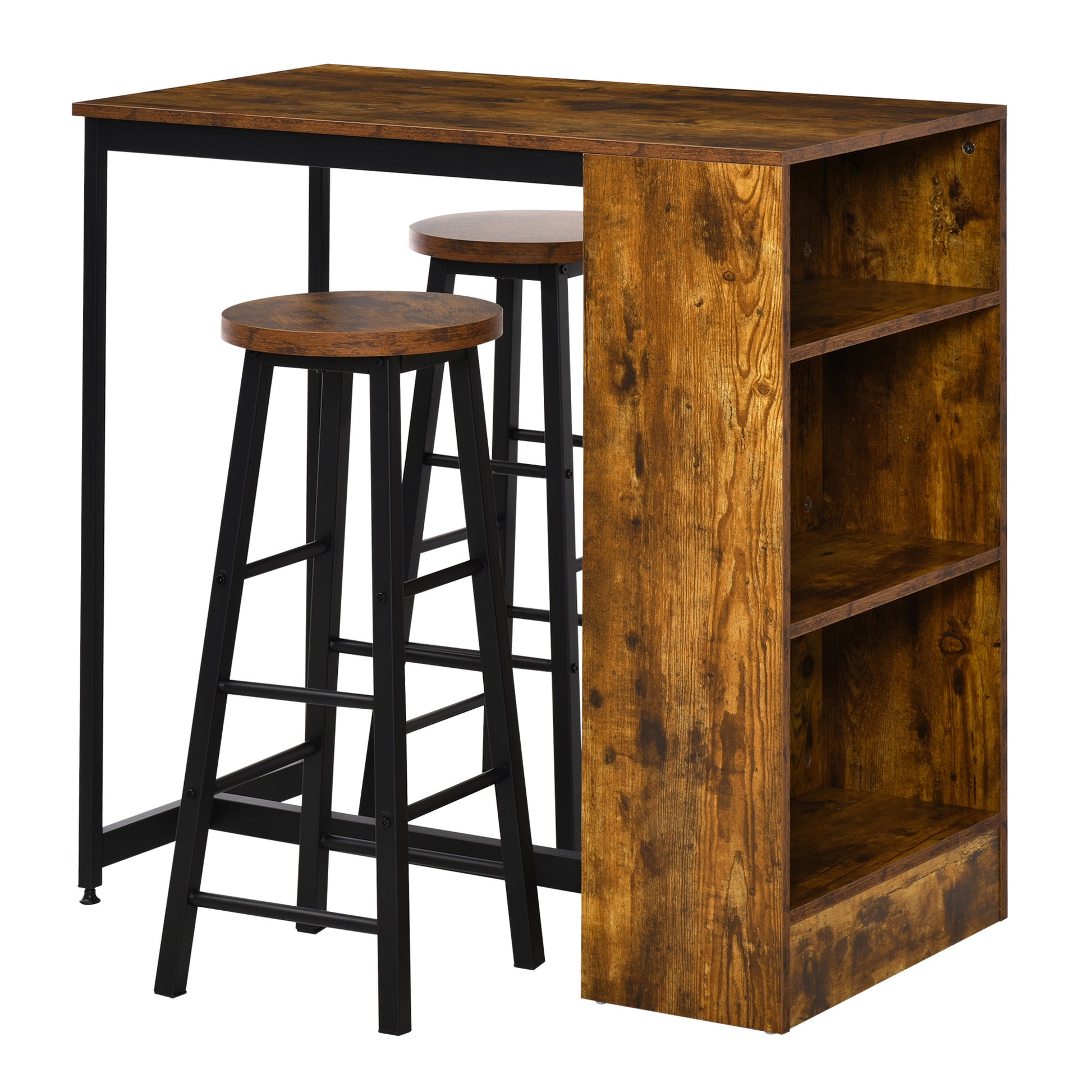 Dining Set with Bar Counter and 2 High Stools, Tall Table with 3 Side Shelves and Footrest Bar Stools Industrial Style, Rustic Brown