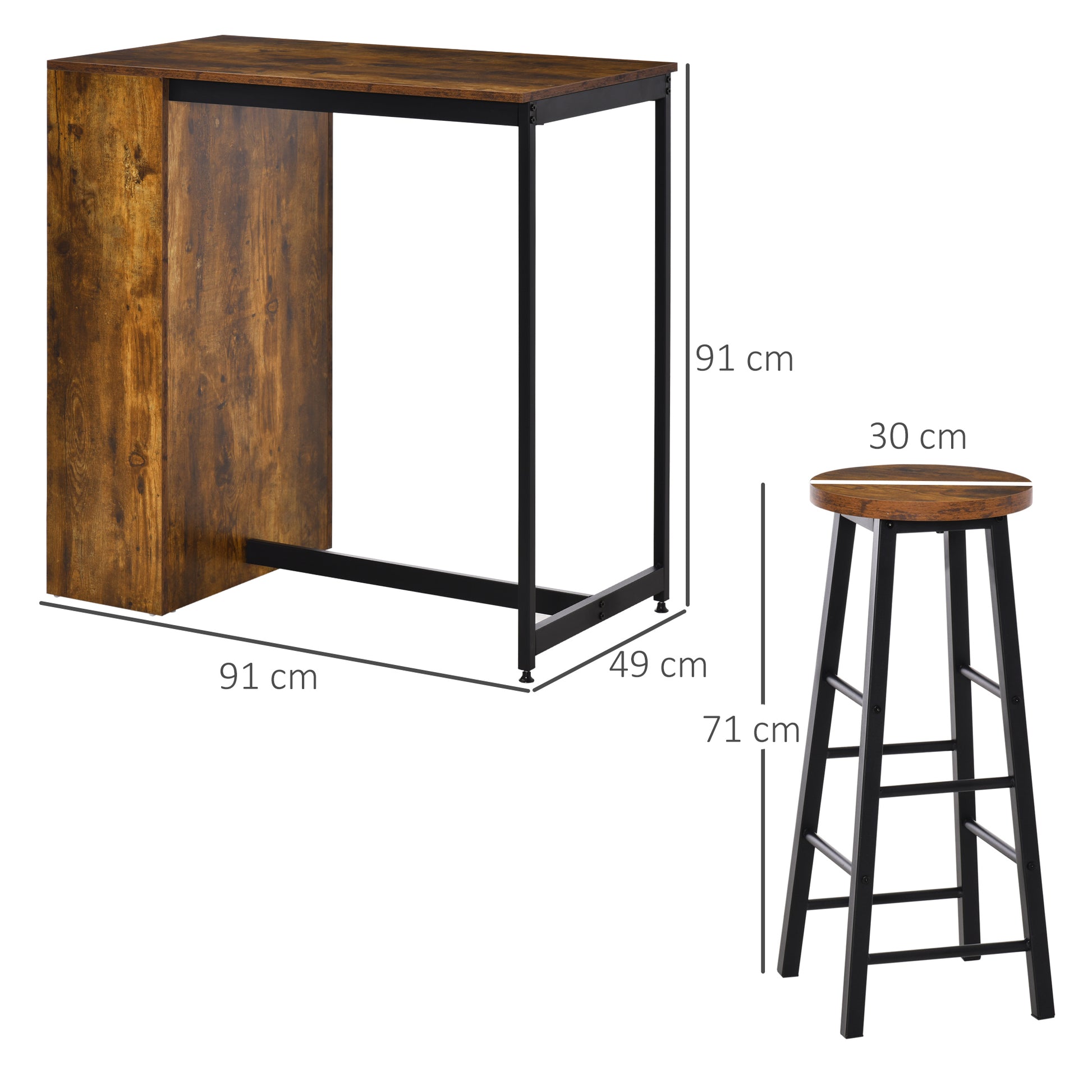 Dining Set with Bar Counter and 2 High Stools, Tall Table with 3 Side Shelves and Footrest Bar Stools Industrial Style, Rustic Brown