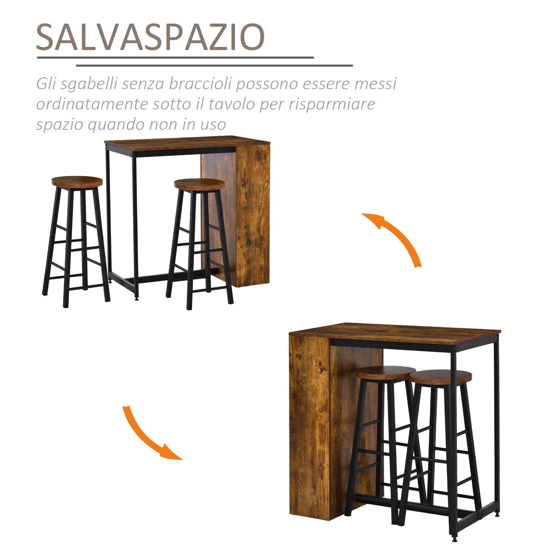 Dining Set with Bar Counter and 2 High Stools, Tall Table with 3 Side Shelves and Footrest Bar Stools Industrial Style, Rustic Brown
