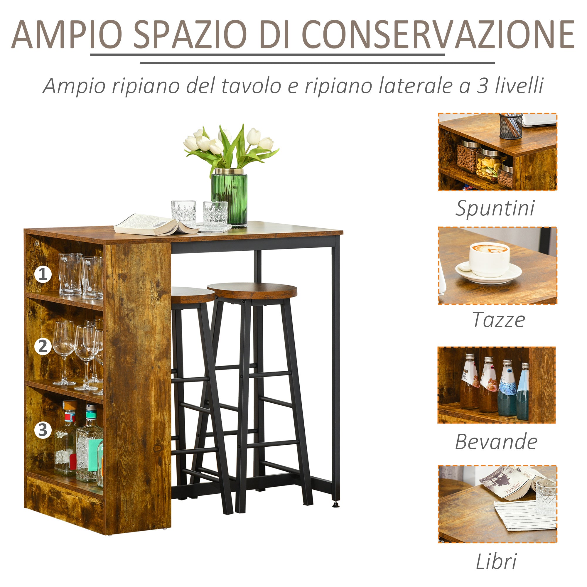 Dining Set with Bar Counter and 2 High Stools, Tall Table with 3 Side Shelves and Footrest Bar Stools Industrial Style, Rustic Brown