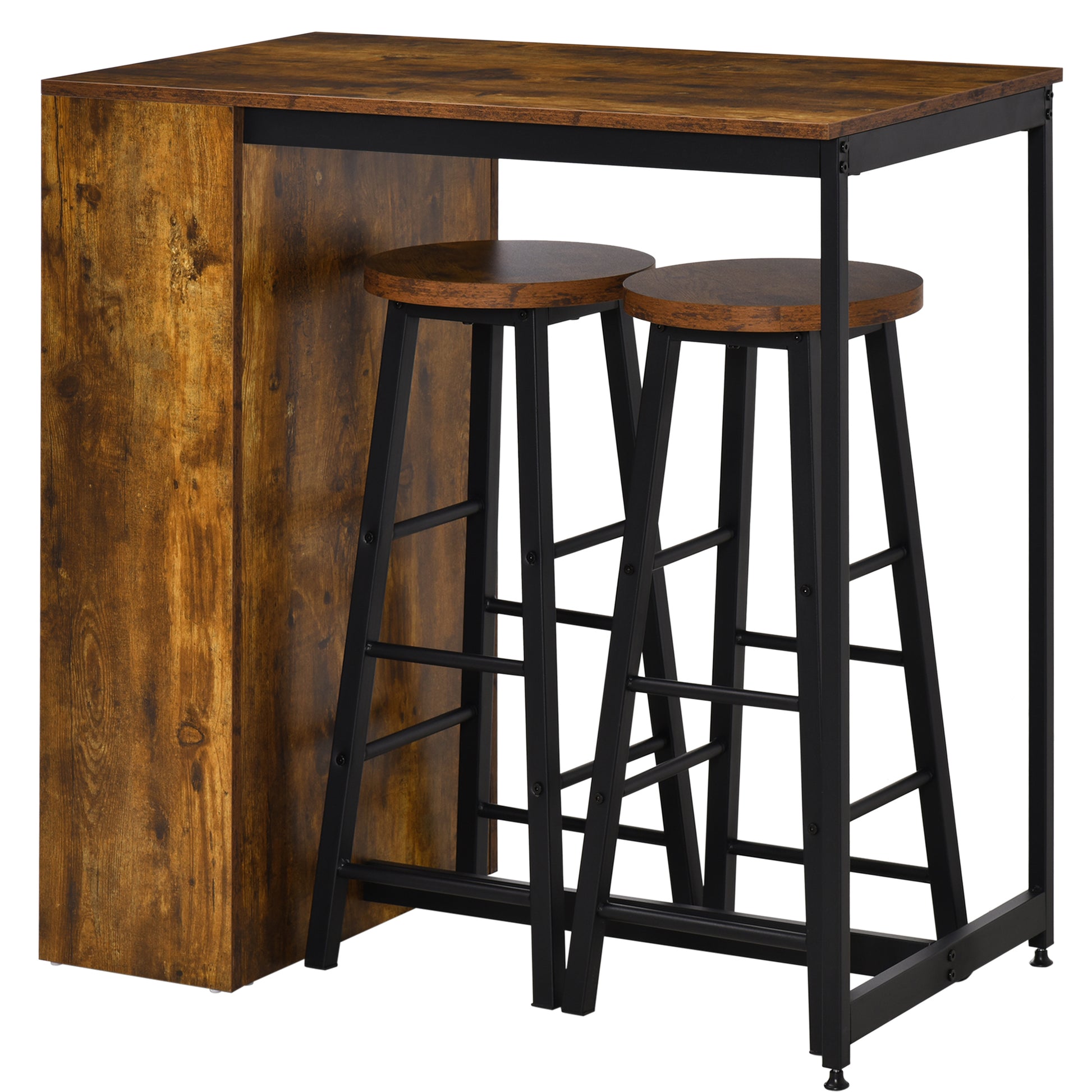 Dining Set with Bar Counter and 2 High Stools, Tall Table with 3 Side Shelves and Footrest Bar Stools Industrial Style, Rustic Brown