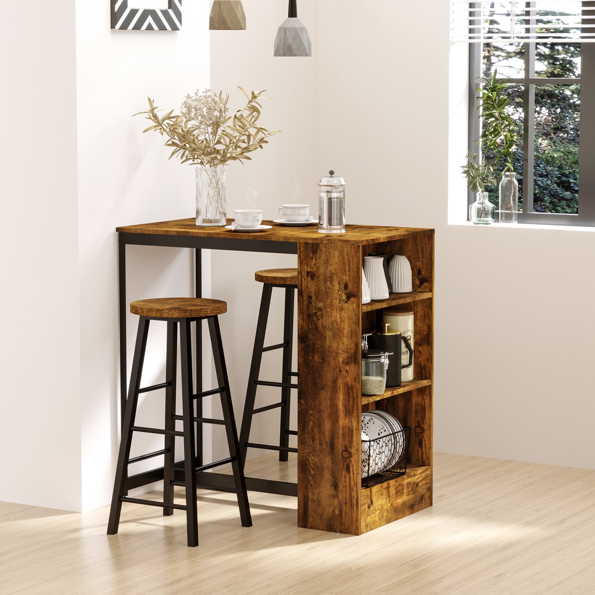 Dining Set with Bar Counter and 2 High Stools, Tall Table with 3 Side Shelves and Footrest Bar Stools Industrial Style, Rustic Brown