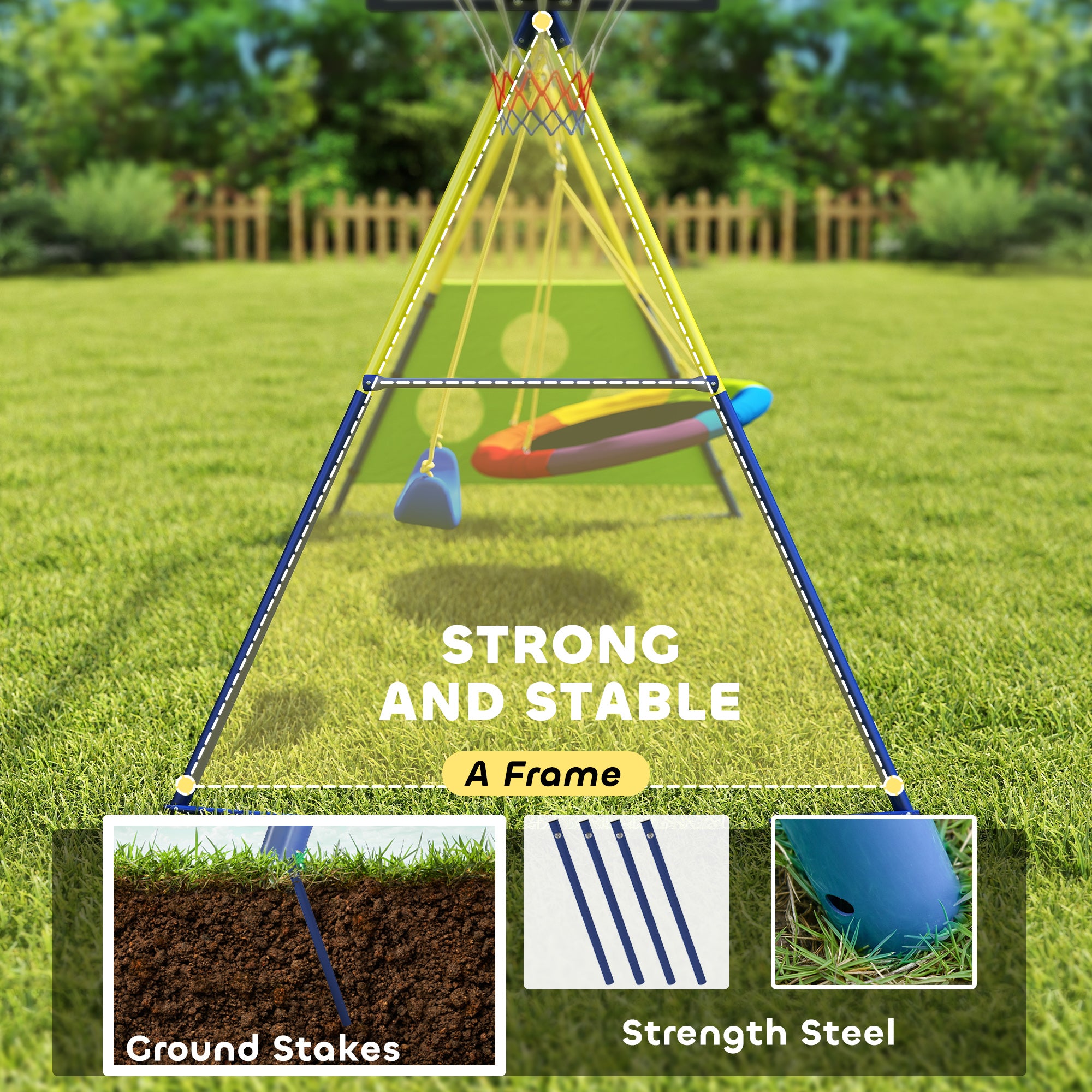 4-in-1 Kids Swing Set – Steel A-Frame, Nest Disc Swing, Single Seat, Basketball Hoop & Soccer Goal, Adjustable Ropes, Fits Children Ages 3–8, 113.4 x 63.0 x 86.6 in (288 x 160 x 220 cm)