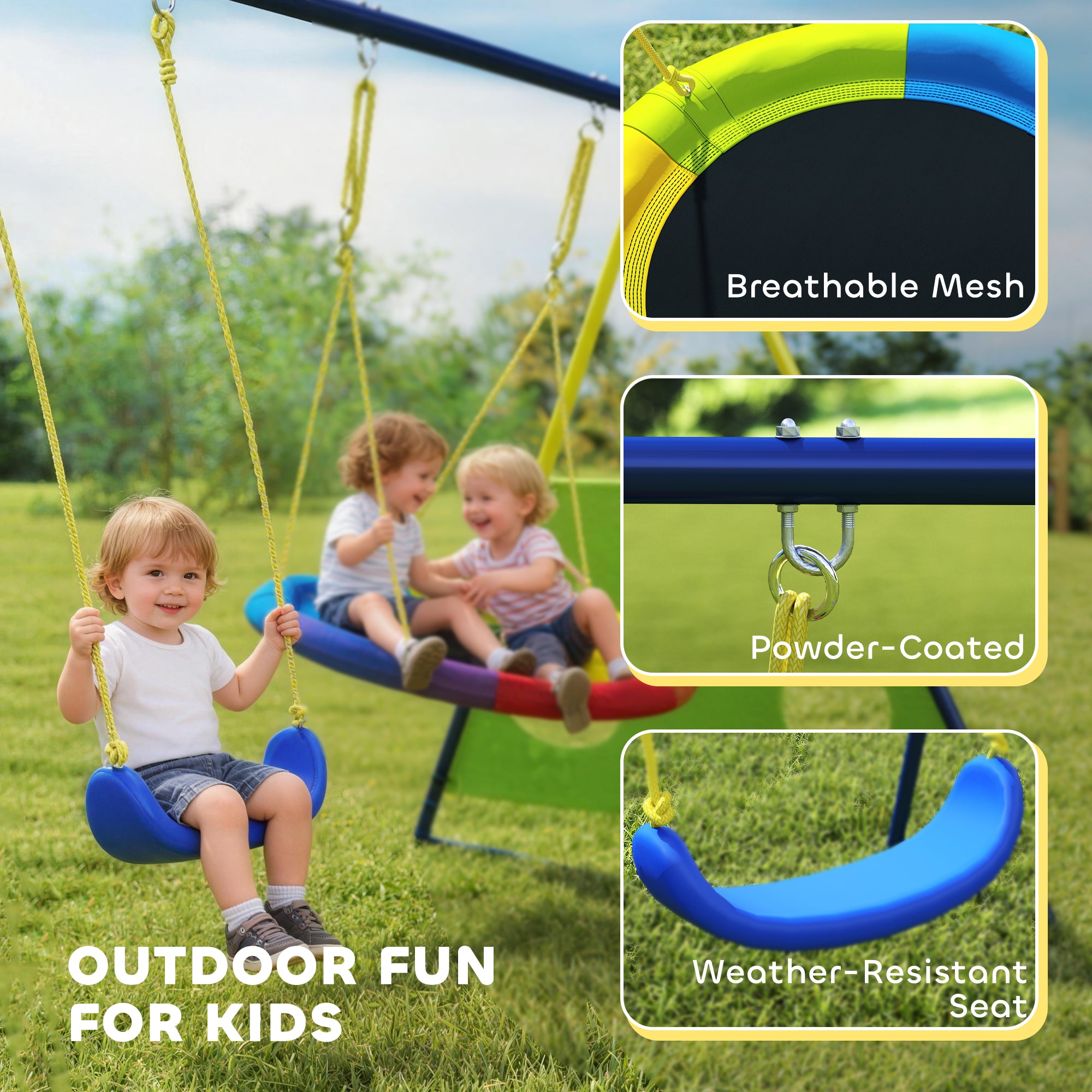 4-in-1 Kids Swing Set – Steel A-Frame, Nest Disc Swing, Single Seat, Basketball Hoop & Soccer Goal, Adjustable Ropes, Fits Children Ages 3–8, 113.4 x 63.0 x 86.6 in (288 x 160 x 220 cm)