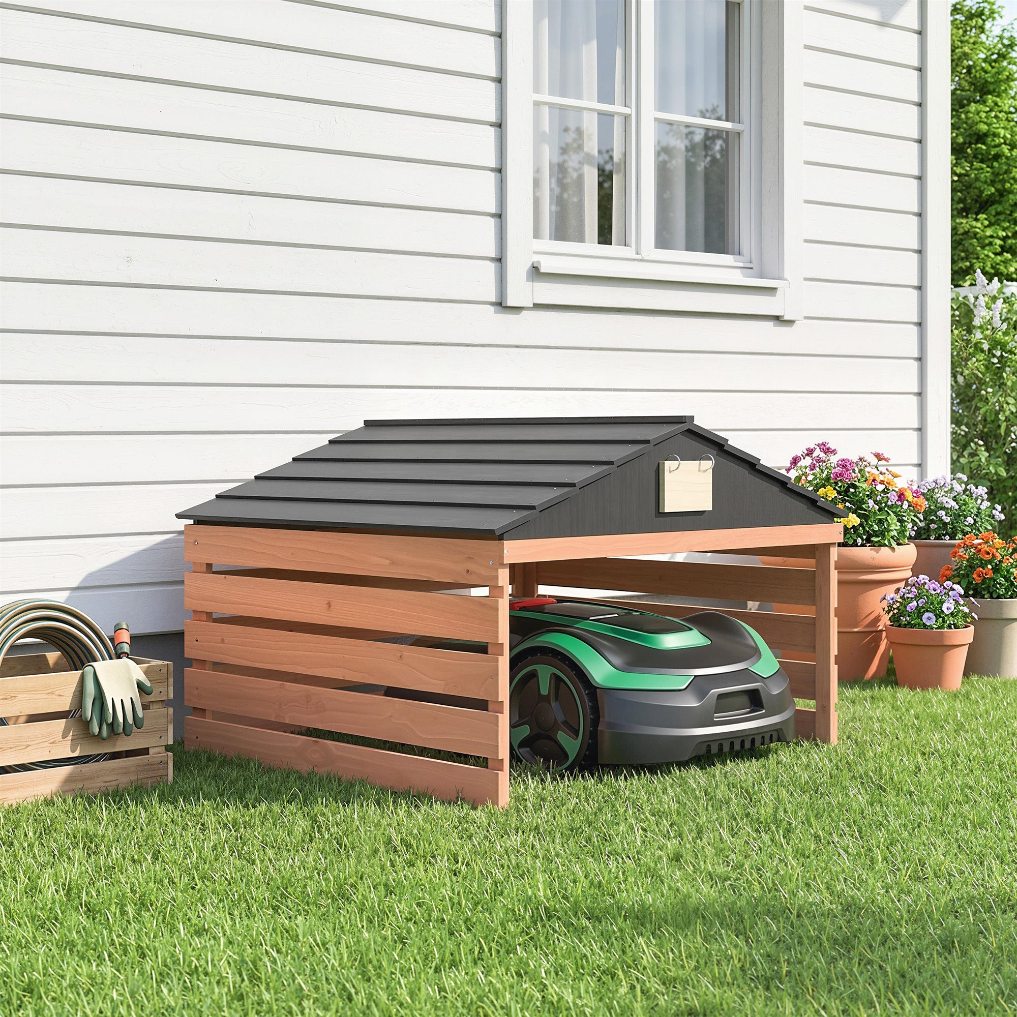 Wooden Robot Mower Garage with Gable Roof — Weatherproof Spruce Shelter for Robotic Lawn Mowers, 79 x 74 x 54 cm (31.1 x 29.1 x 21.3 in), Red-Brown
