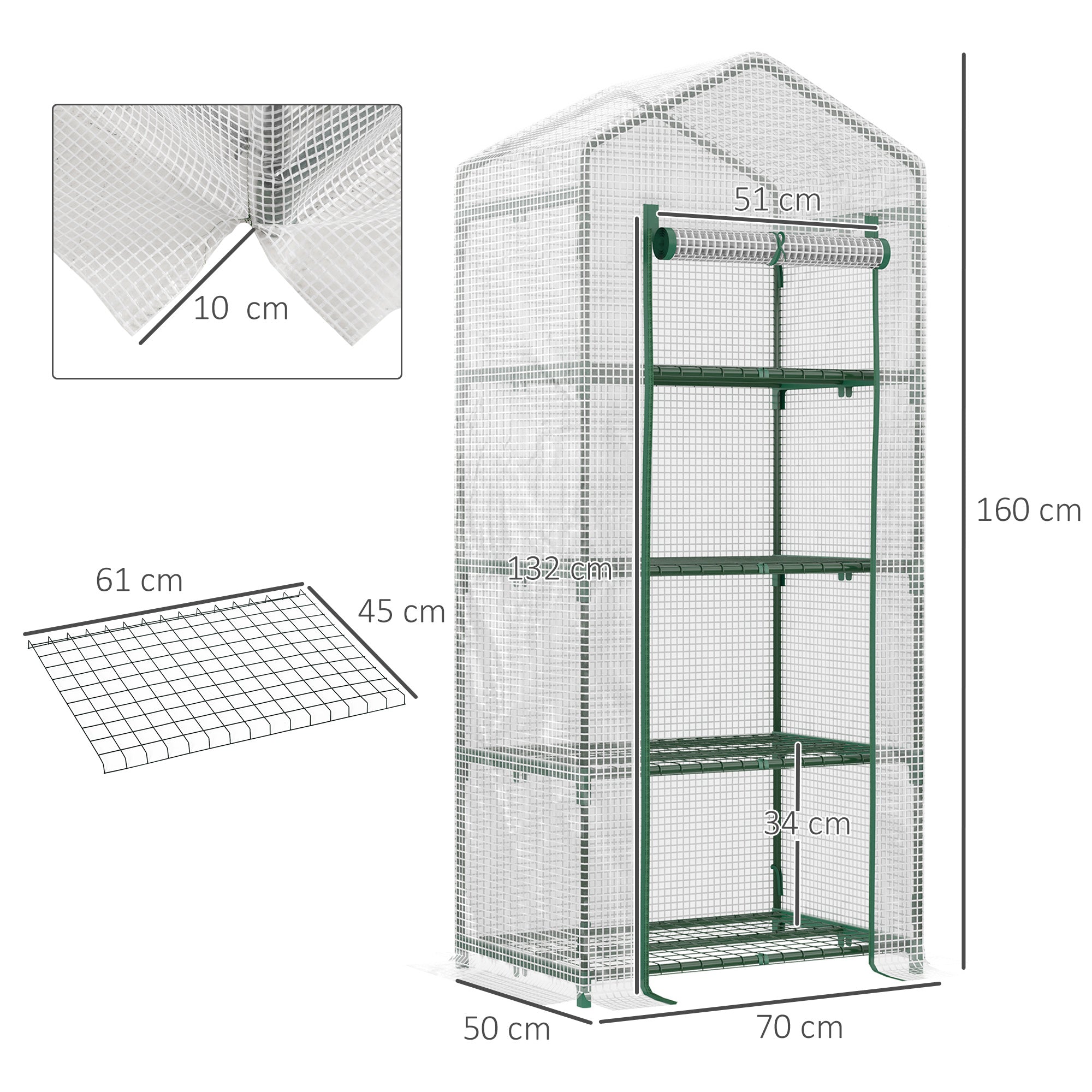 greenhouse with shelves, winter-proof film greenhouse made of steel, greenhouse for balcony, garden, tomato greenhouse 70x50x160cm, tomato greenhouse for vegetables, flowers, plants, white