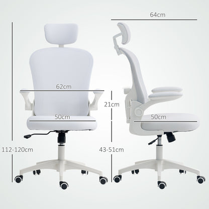 Mesh Office Chair, Swivel Desk Chair with Tilt Function, High Back, Adjustable Headrest, 4D Lumbar Support, Folding Arms, Height Adjustable, White
