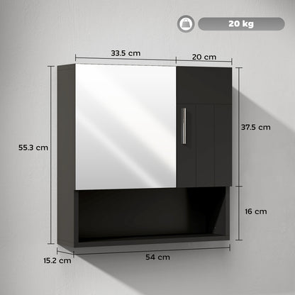 Bathroom Mirror Cabinet with Adjustable Shelves, 2-Door Bathroom Mirror Cabinet with Open Shelf in Wood and Glass, 54x15.2x55.3 cm, Black