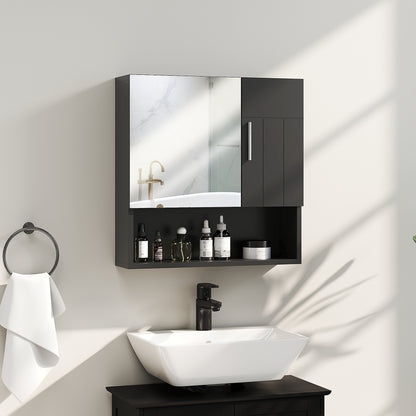 Bathroom Mirror Cabinet with Adjustable Shelves, 2-Door Bathroom Mirror Cabinet with Open Shelf in Wood and Glass, 54x15.2x55.3 cm, Black