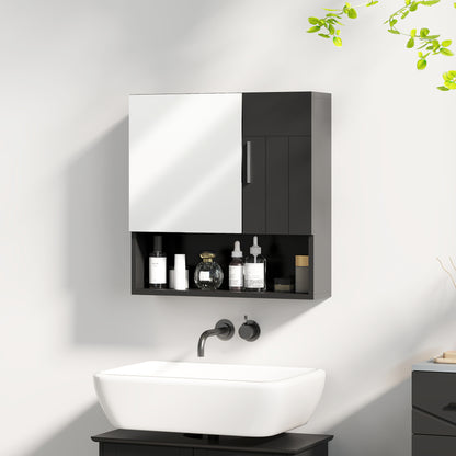 Bathroom Mirror Cabinet with Adjustable Shelves, 2-Door Bathroom Mirror Cabinet with Open Shelf in Wood and Glass, 54x15.2x55.3 cm, Black