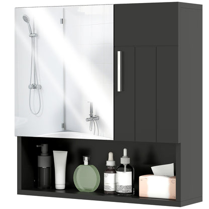 Bathroom Mirror Cabinet with Adjustable Shelves, 2-Door Bathroom Mirror Cabinet with Open Shelf in Wood and Glass, 54x15.2x55.3 cm, Black