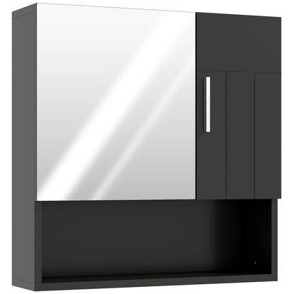 Bathroom Mirror Cabinet with Adjustable Shelves, 2-Door Bathroom Mirror Cabinet with Open Shelf in Wood and Glass, 54x15.2x55.3 cm, Black