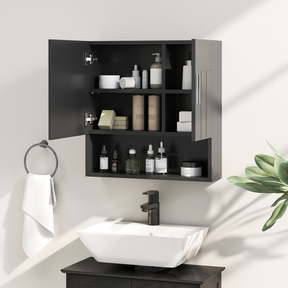 Bathroom Mirror Cabinet with Adjustable Shelves, 2-Door Bathroom Mirror Cabinet with Open Shelf in Wood and Glass, 54x15.2x55.3 cm, Black