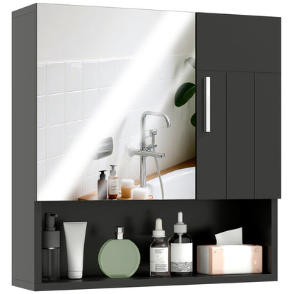 Bathroom Mirror Cabinet with Adjustable Shelves, 2-Door Bathroom Mirror Cabinet with Open Shelf in Wood and Glass, 54x15.2x55.3 cm, Black