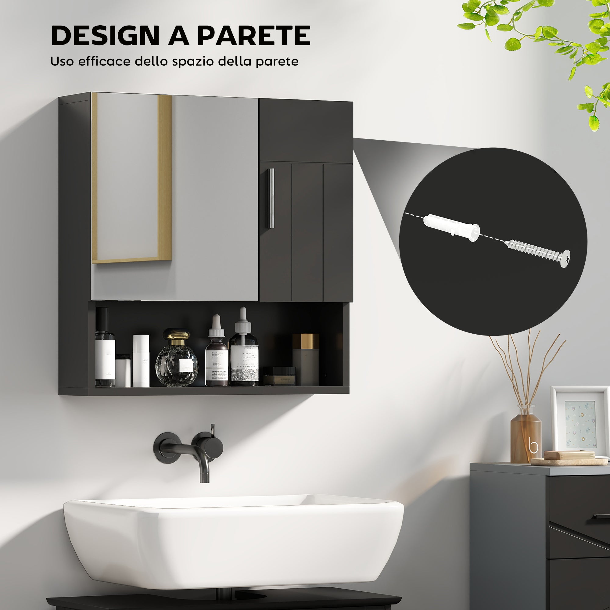 Bathroom Mirror Cabinet with Adjustable Shelves, 2-Door Bathroom Mirror Cabinet with Open Shelf in Wood and Glass, 54x15.2x55.3 cm, Black