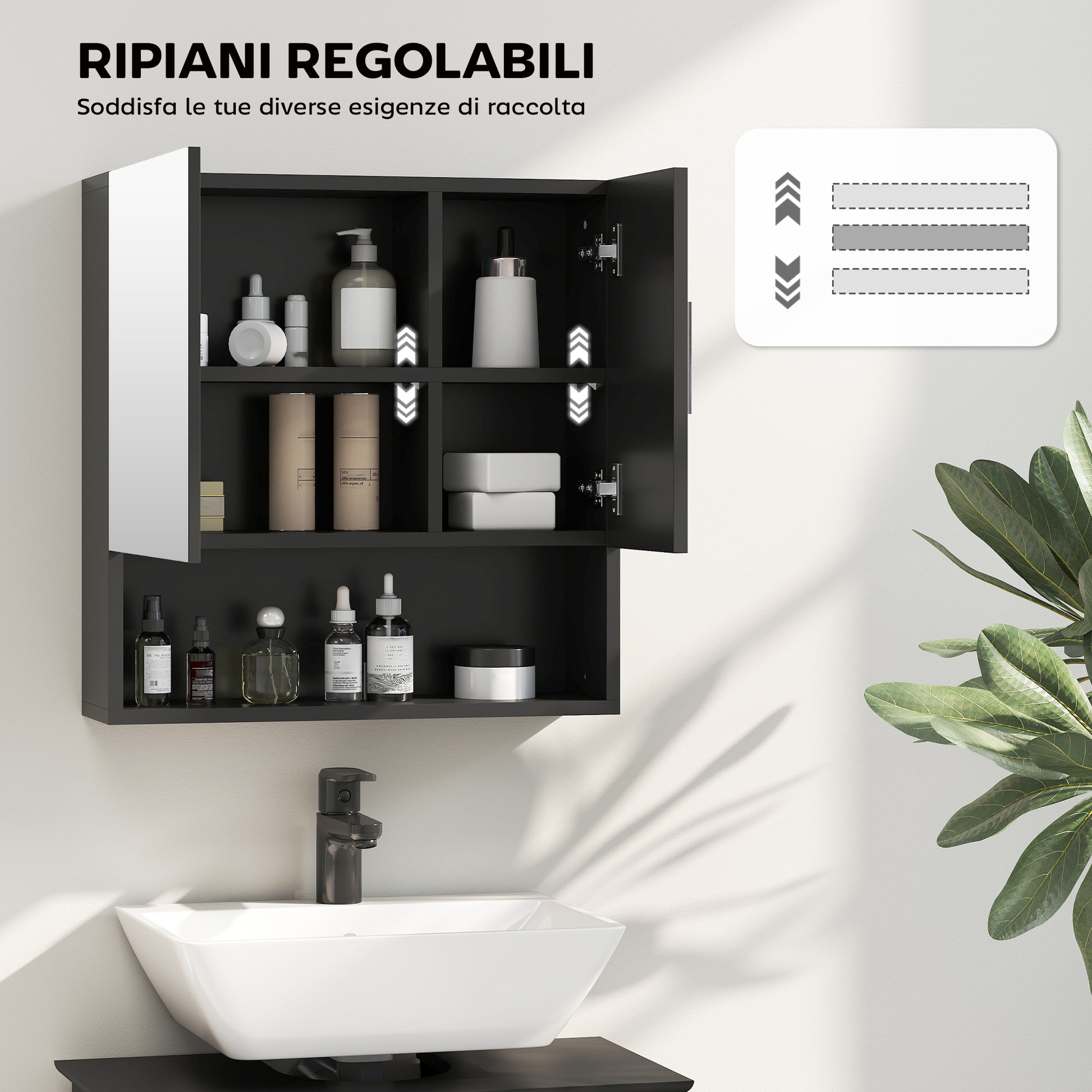 Bathroom Mirror Cabinet with Adjustable Shelves, 2-Door Bathroom Mirror Cabinet with Open Shelf in Wood and Glass, 54x15.2x55.3 cm, Black
