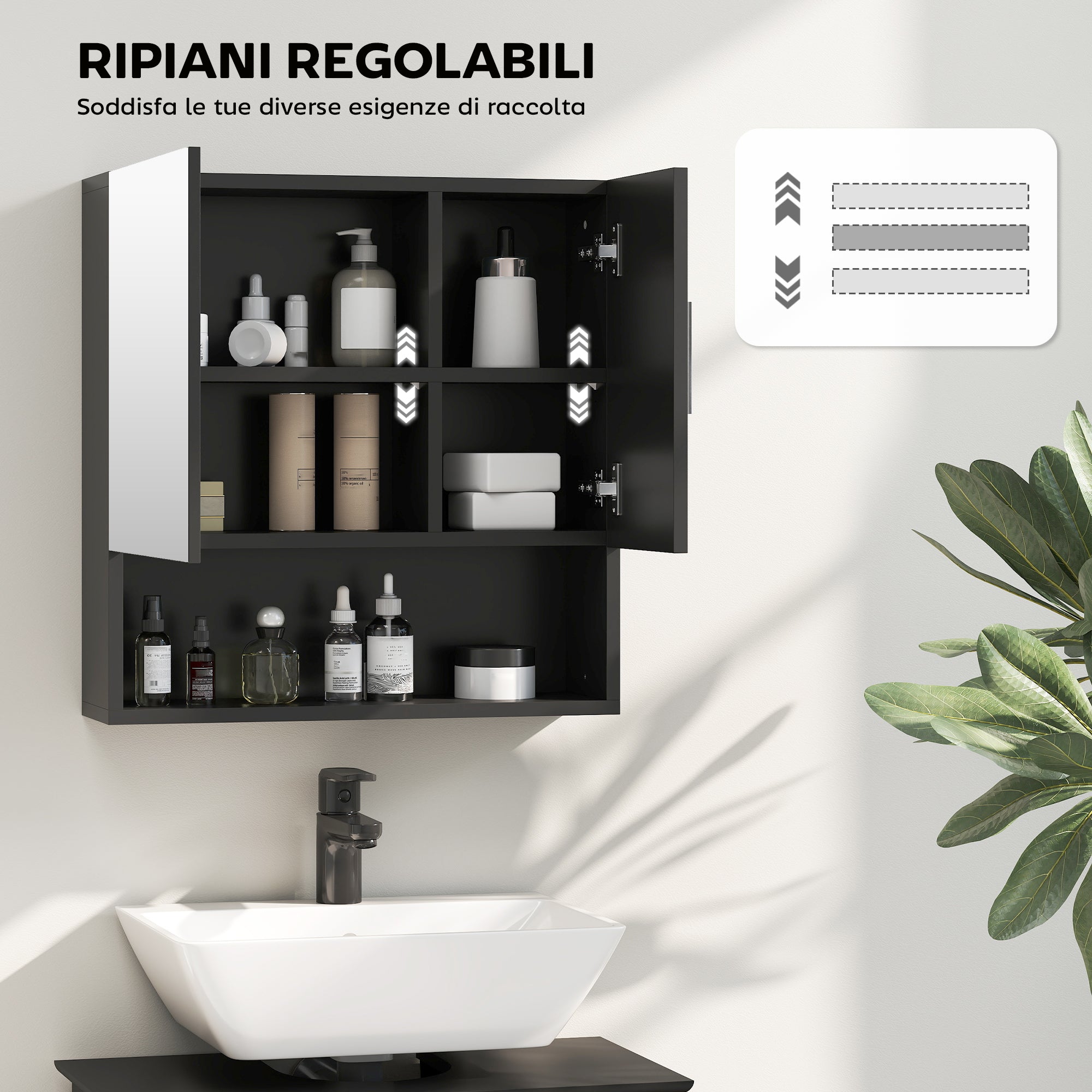 Bathroom Mirror Cabinet with Adjustable Shelves, 2-Door Bathroom Mirror Cabinet with Open Shelf in Wood and Glass, 54x15.2x55.3 cm, Black