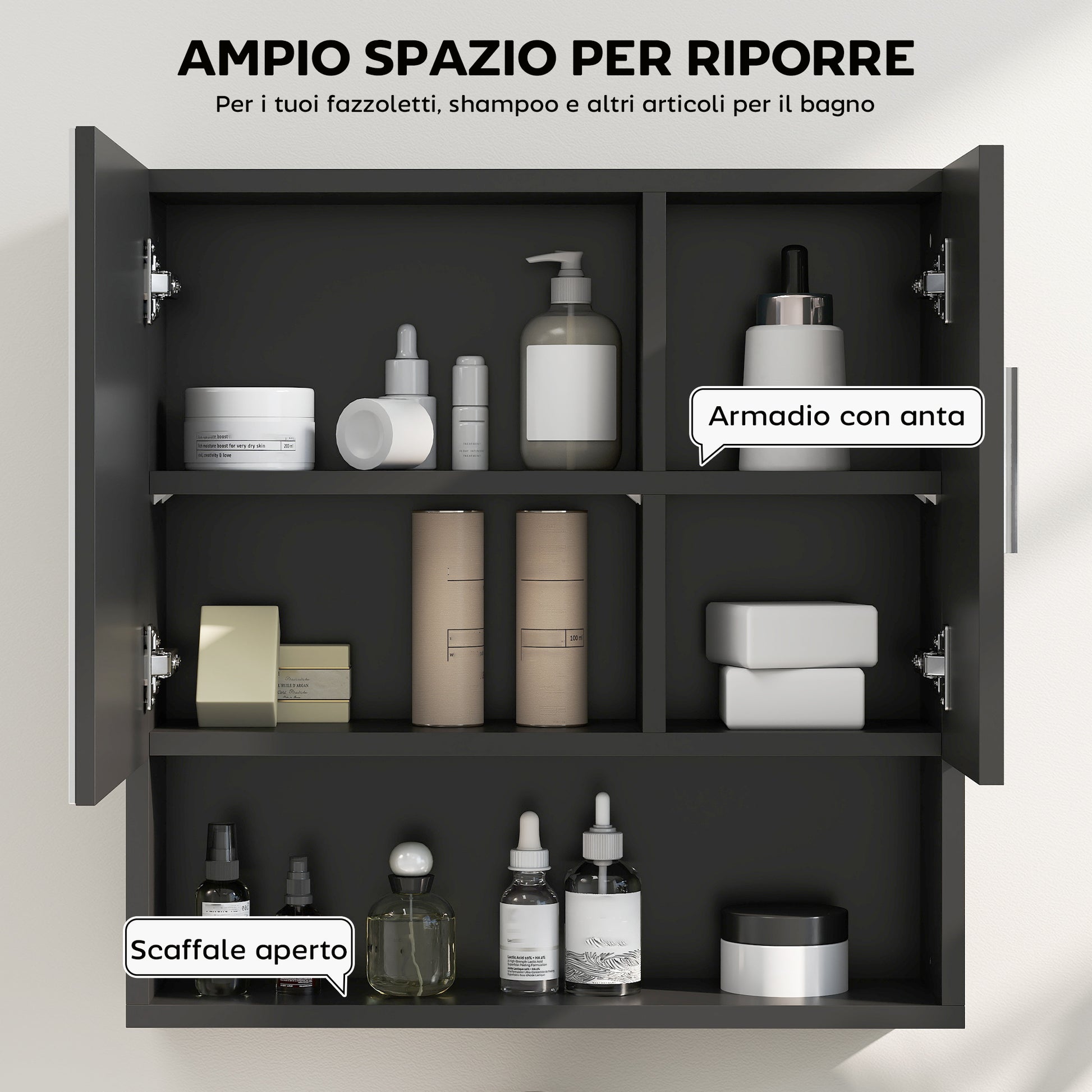 Bathroom Mirror Cabinet with Adjustable Shelves, 2-Door Bathroom Mirror Cabinet with Open Shelf in Wood and Glass, 54x15.2x55.3 cm, Black