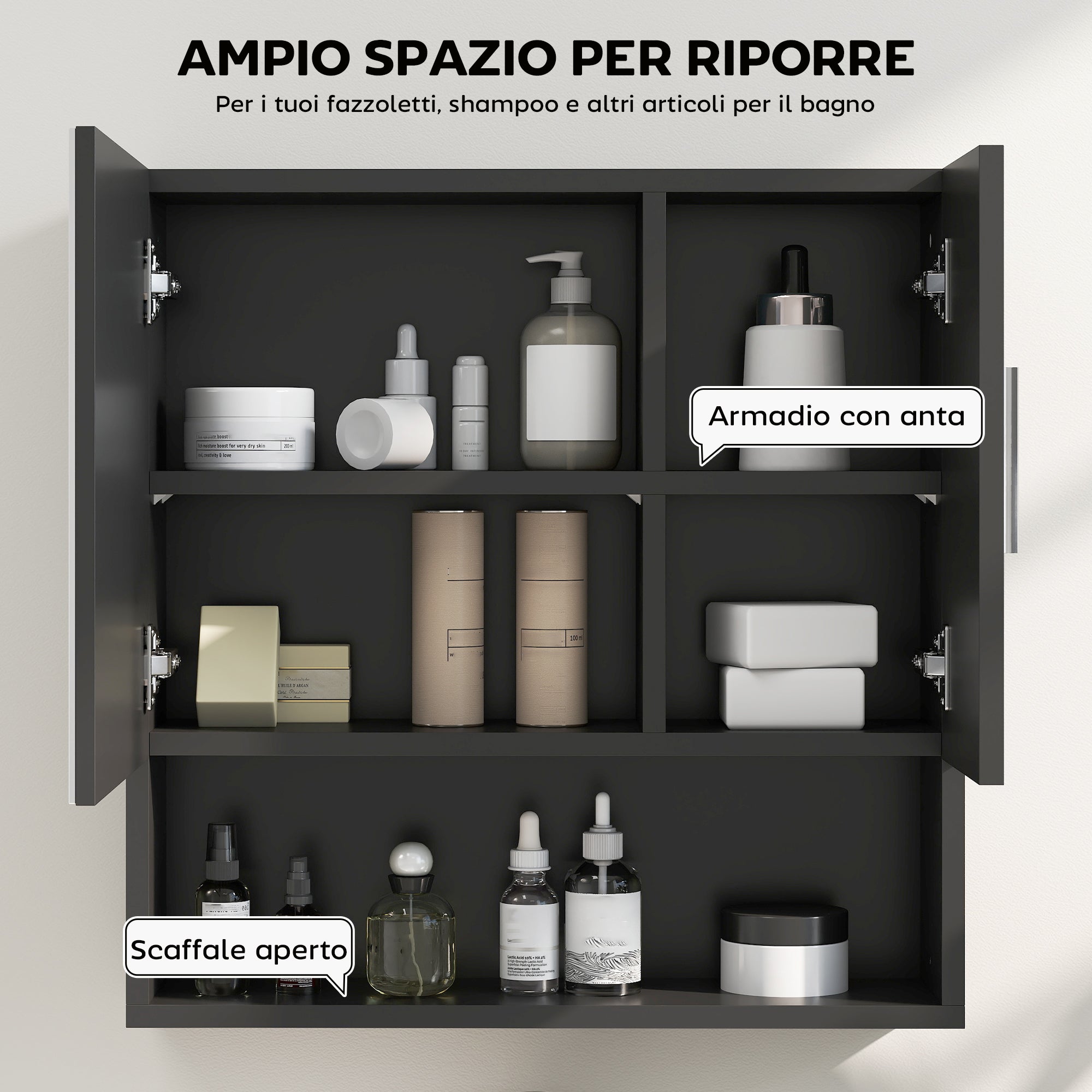 Bathroom Mirror Cabinet with Adjustable Shelves, 2-Door Bathroom Mirror Cabinet with Open Shelf in Wood and Glass, 54x15.2x55.3 cm, Black