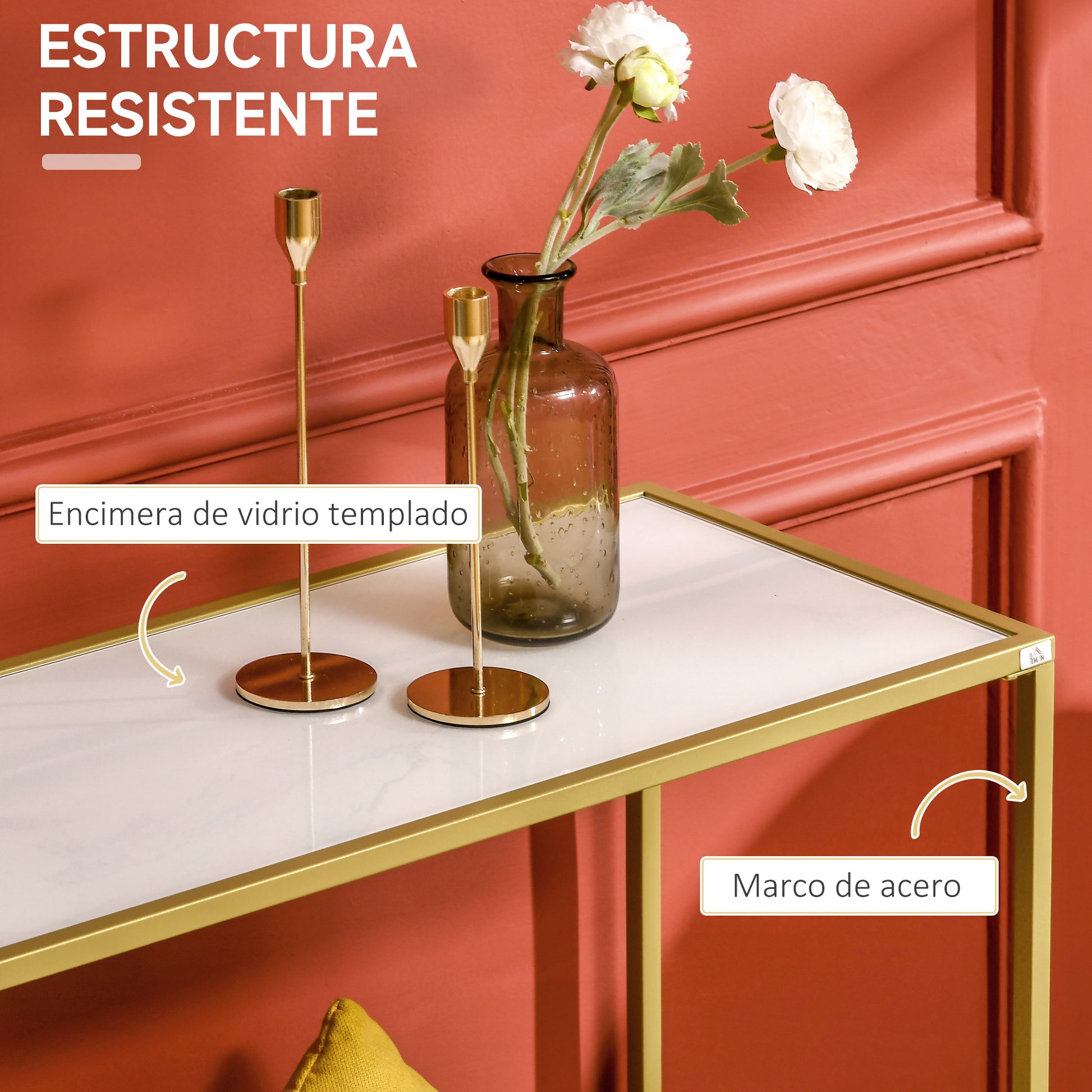 Console Table Entryway Table with Glass and Steel Frame Hallway Furniture for Living Room Modern Style Anti-tip 25 kg Load 100.5x35.5x80 cm White and Gold