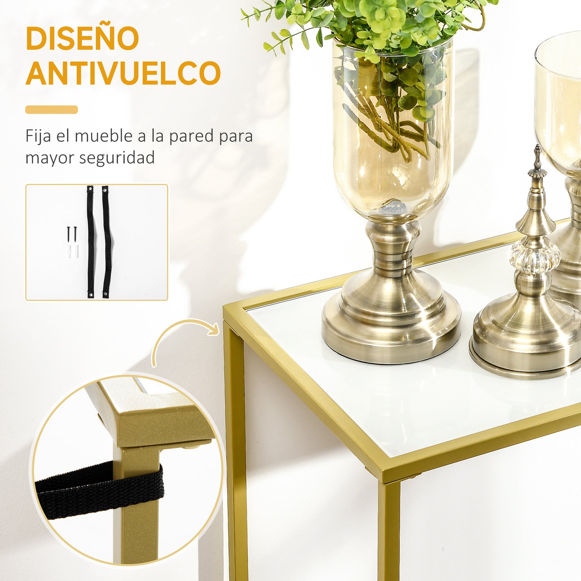 Console Table Entryway Table with Glass and Steel Frame Hallway Furniture for Living Room Modern Style Anti-tip 25 kg Load 100.5x35.5x80 cm White and Gold
