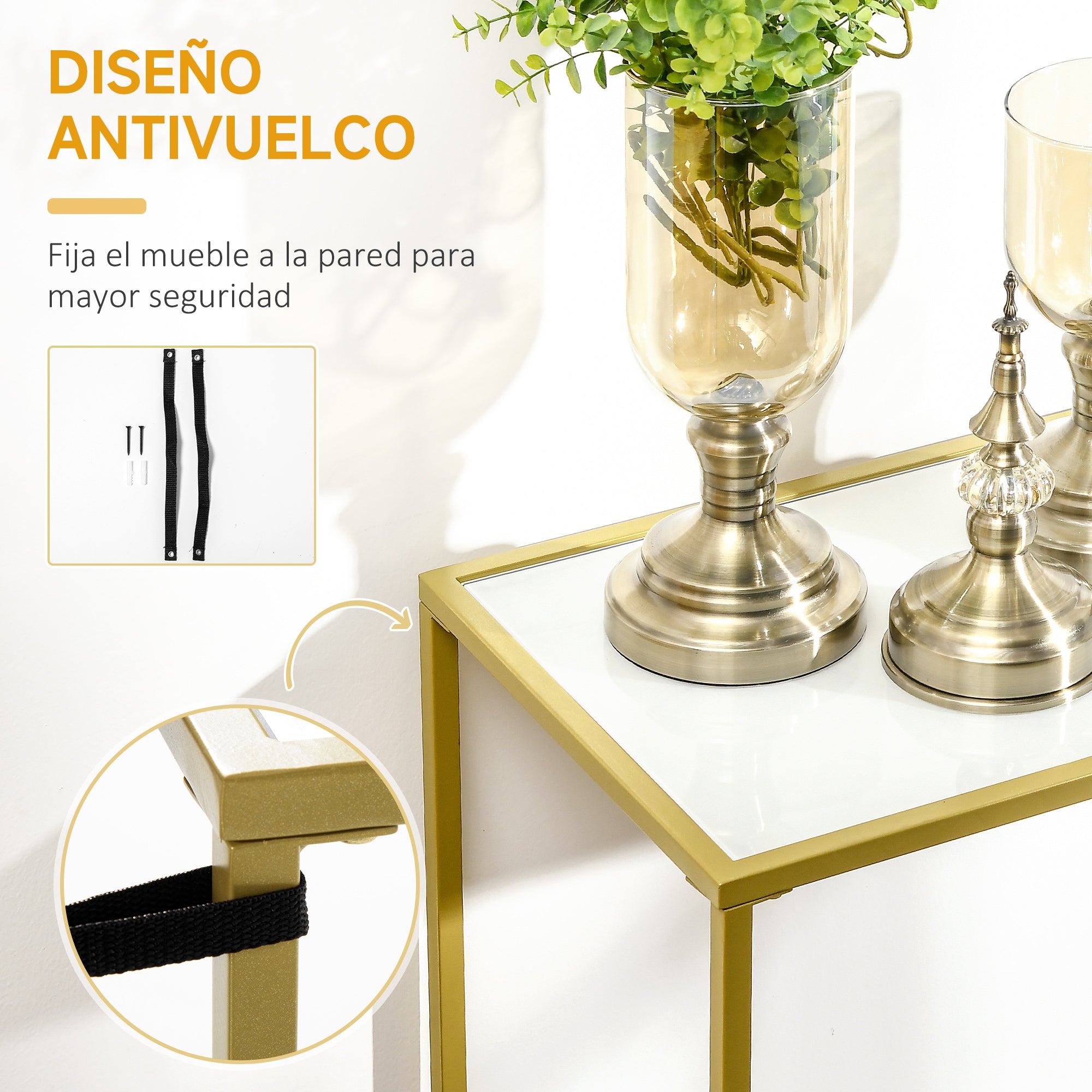 Console Table Entryway Table with Glass and Steel Frame Hallway Furniture for Living Room Modern Style Anti-tip 25 kg Load 100.5x35.5x80 cm White and Gold
