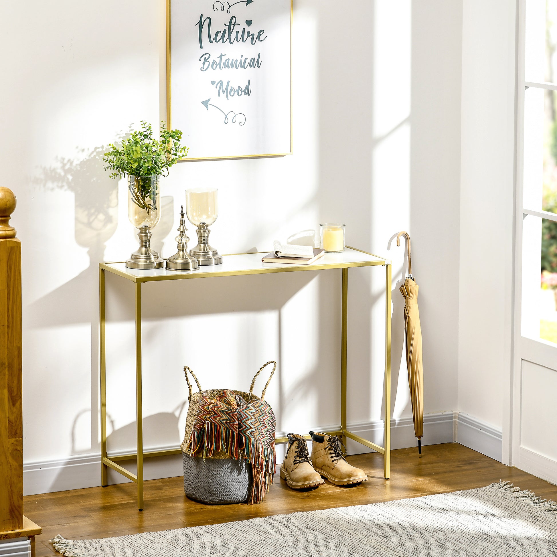 Console Table Entryway Table with Glass and Steel Frame Hallway Furniture for Living Room Modern Style Anti-tip 25 kg Load 100.5x35.5x80 cm White and Gold