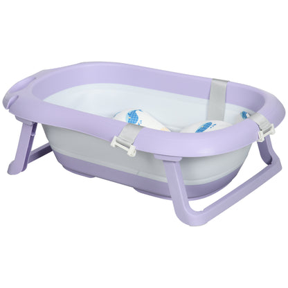 ZONEKIZ Folding Baby Bathtub with Cushion Baby Bathtub 0-6 Years with Non-Slip Pads Drain Hole and Shower Hole 83x48x23.5 cm Purple