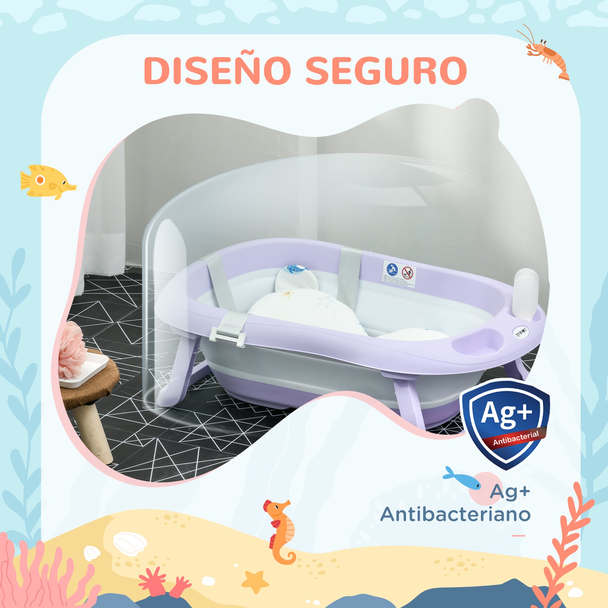 ZONEKIZ Folding Baby Bathtub with Cushion Baby Bathtub 0-6 Years with Non-Slip Pads Drain Hole and Shower Hole 83x48x23.5 cm Purple