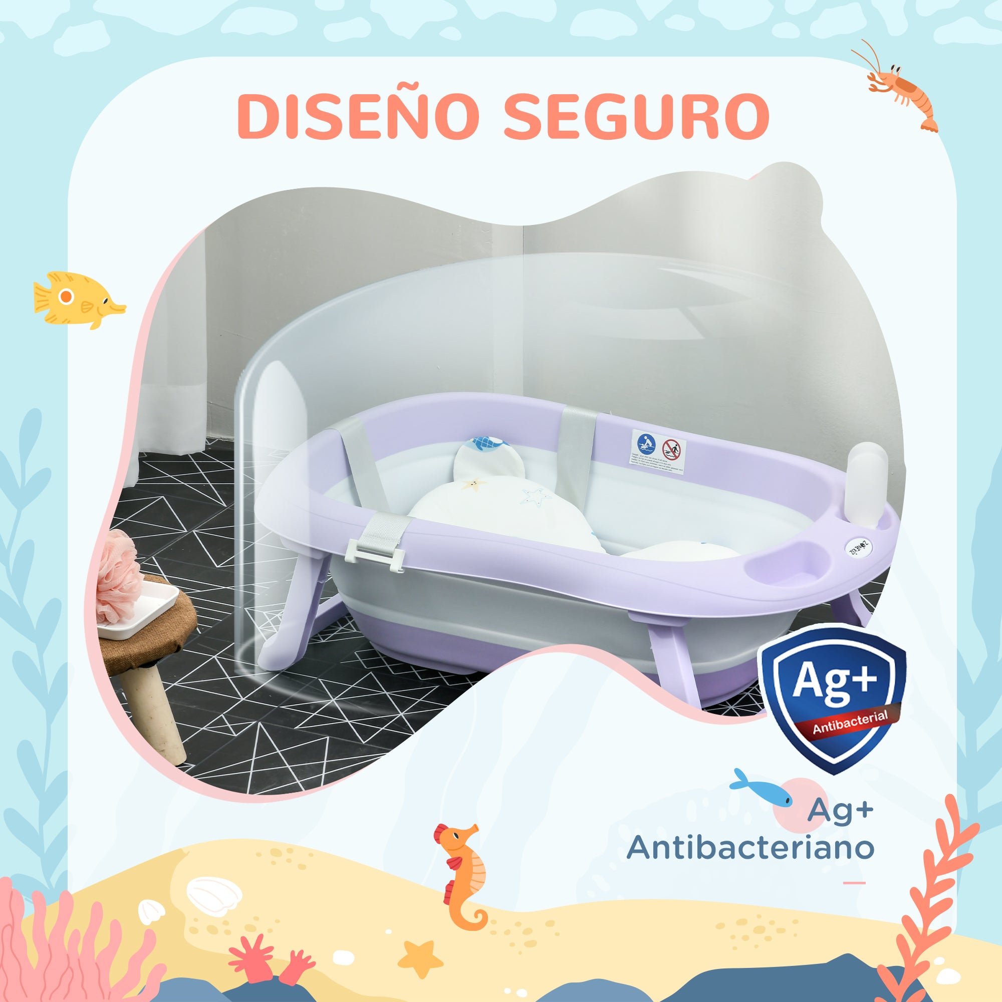 ZONEKIZ Folding Baby Bathtub with Cushion Baby Bathtub 0-6 Years with Non-Slip Pads Drain Hole and Shower Hole 83x48x23.5 cm Purple
