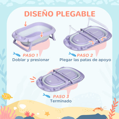 ZONEKIZ Folding Baby Bathtub with Cushion Baby Bathtub 0-6 Years with Non-Slip Pads Drain Hole and Shower Hole 83x48x23.5 cm Purple