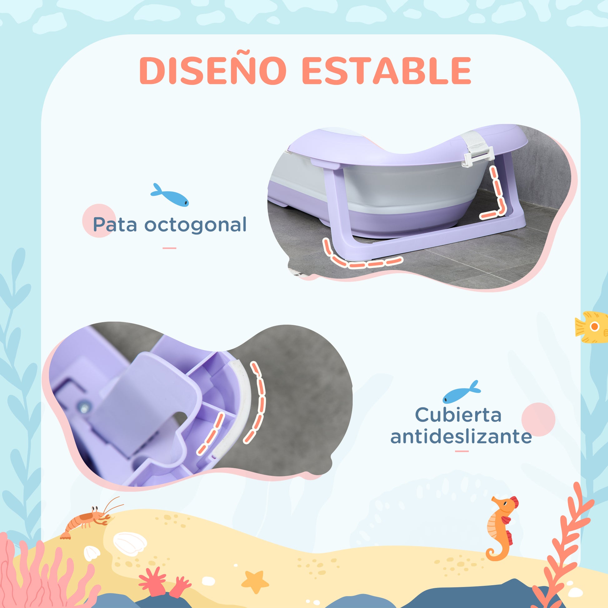 ZONEKIZ Folding Baby Bathtub with Cushion Baby Bathtub 0-6 Years with Non-Slip Pads Drain Hole and Shower Hole 83x48x23.5 cm Purple