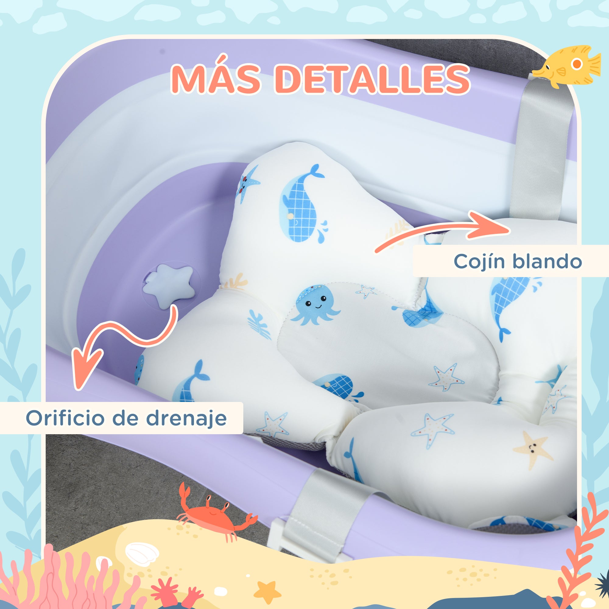 ZONEKIZ Folding Baby Bathtub with Cushion Baby Bathtub 0-6 Years with Non-Slip Pads Drain Hole and Shower Hole 83x48x23.5 cm Purple