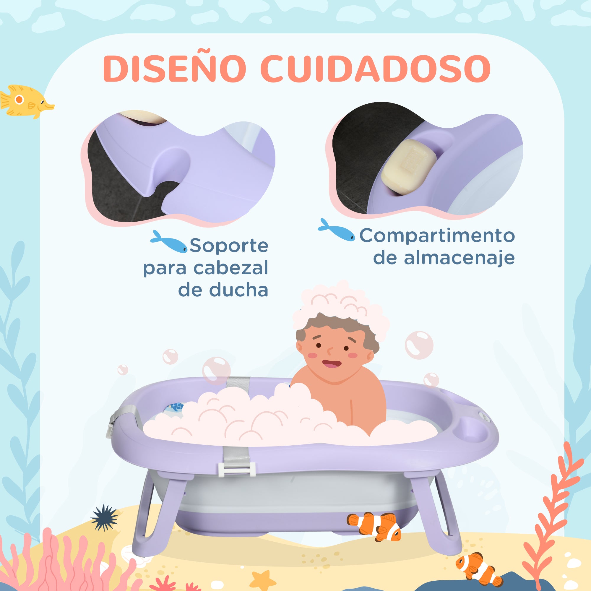 ZONEKIZ Folding Baby Bathtub with Cushion Baby Bathtub 0-6 Years with Non-Slip Pads Drain Hole and Shower Hole 83x48x23.5 cm Purple