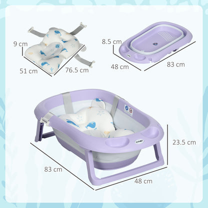 ZONEKIZ Folding Baby Bathtub with Cushion Baby Bathtub 0-6 Years with Non-Slip Pads Drain Hole and Shower Hole 83x48x23.5 cm Purple