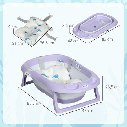 ZONEKIZ Folding Baby Bathtub with Cushion Baby Bathtub 0-6 Years with Non-Slip Pads Drain Hole and Shower Hole 83x48x23.5 cm Purple