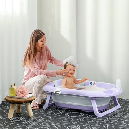 ZONEKIZ Folding Baby Bathtub with Cushion Baby Bathtub 0-6 Years with Non-Slip Pads Drain Hole and Shower Hole 83x48x23.5 cm Purple