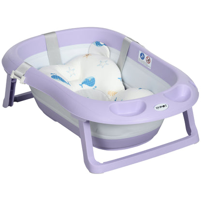 ZONEKIZ Folding Baby Bathtub with Cushion Baby Bathtub 0-6 Years with Non-Slip Pads Drain Hole and Shower Hole 83x48x23.5 cm Purple