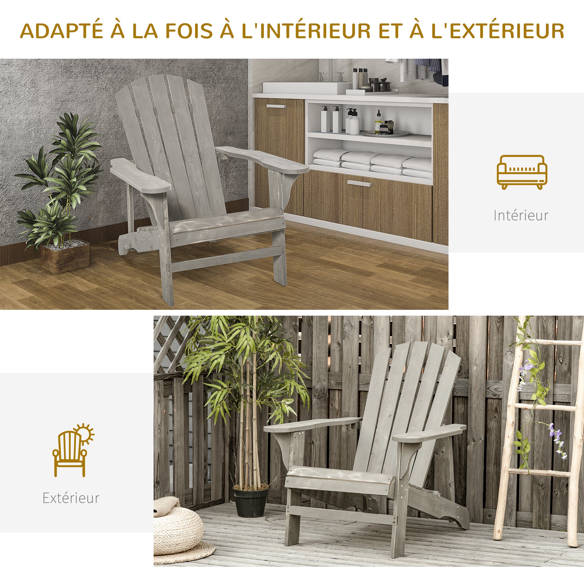 Adirondack Chair Outdoor Garden Chair Outdoor Chair 78L x 89W x 88H cm Solid Fir Wood Grey Distressed Effect for Garden, Terrace, and Balcony