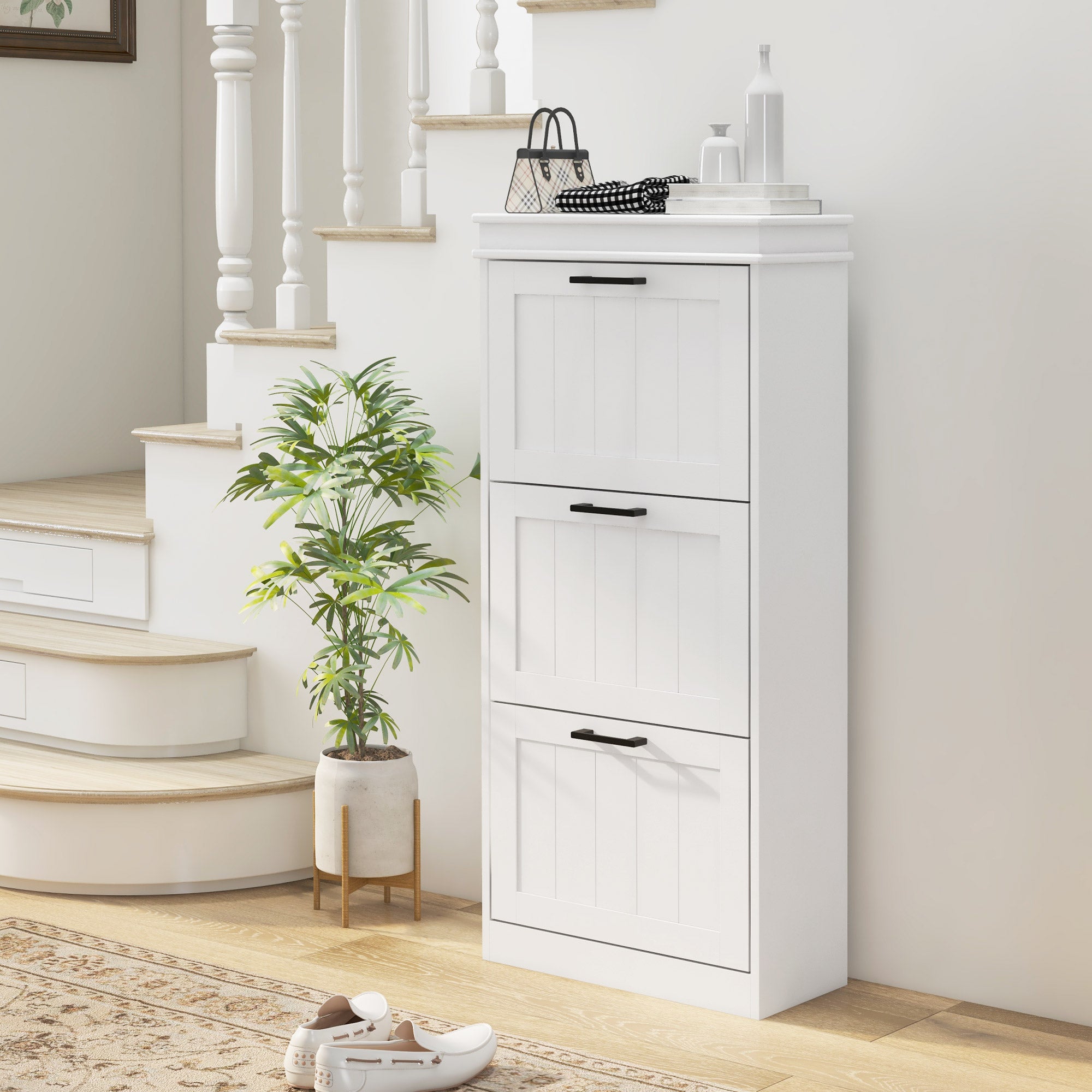Space-Saving Shoe Cabinet with 3 Flip Drawers for 15 Pairs of Shoes, Shoe Storage Cabinet with Adjustable Shelf, 54x24x117.5 cm, White