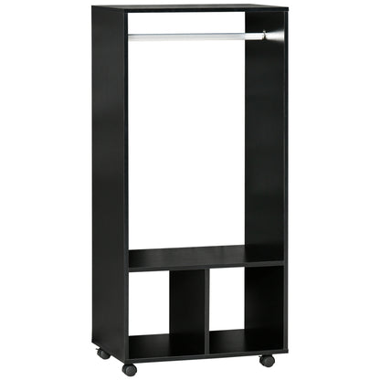Wardrobe with Wheels, Open Design Wardrobe with Hanging Bar Shelves Organizer for Bedroom Clothes 60x40x128 cm Black