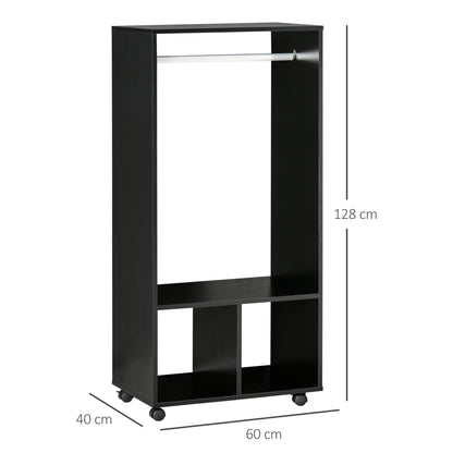 Wardrobe with Wheels, Open Design Wardrobe with Hanging Bar Shelves Organizer for Bedroom Clothes 60x40x128 cm Black