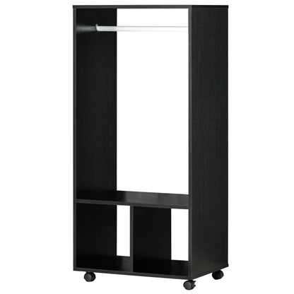 Wardrobe with Wheels, Open Design Wardrobe with Hanging Bar Shelves Organizer for Bedroom Clothes 60x40x128 cm Black