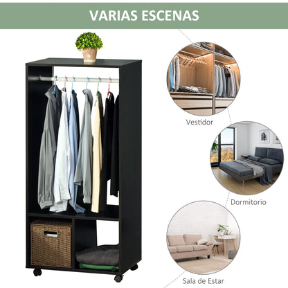 Wardrobe with Wheels, Open Design Wardrobe with Hanging Bar Shelves Organizer for Bedroom Clothes 60x40x128 cm Black