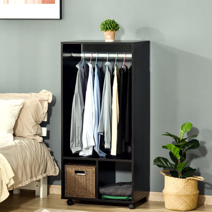 Wardrobe with Wheels, Open Design Wardrobe with Hanging Bar Shelves Organizer for Bedroom Clothes 60x40x128 cm Black