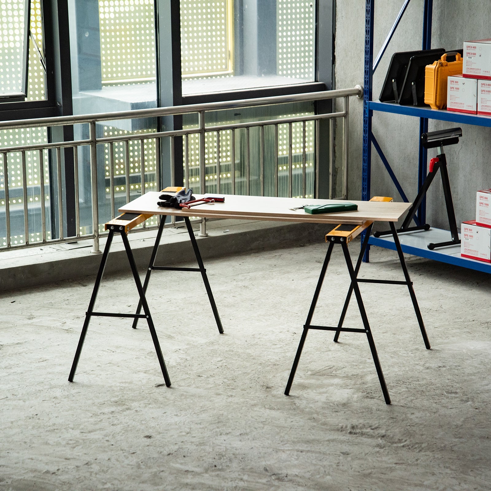 Work Bench, Sawhorse, Support Stand, Foldable, Non-slip, Steel, Orange, Black, 99.5 x 50 x 78 cm, Weight Capacity 125 kg