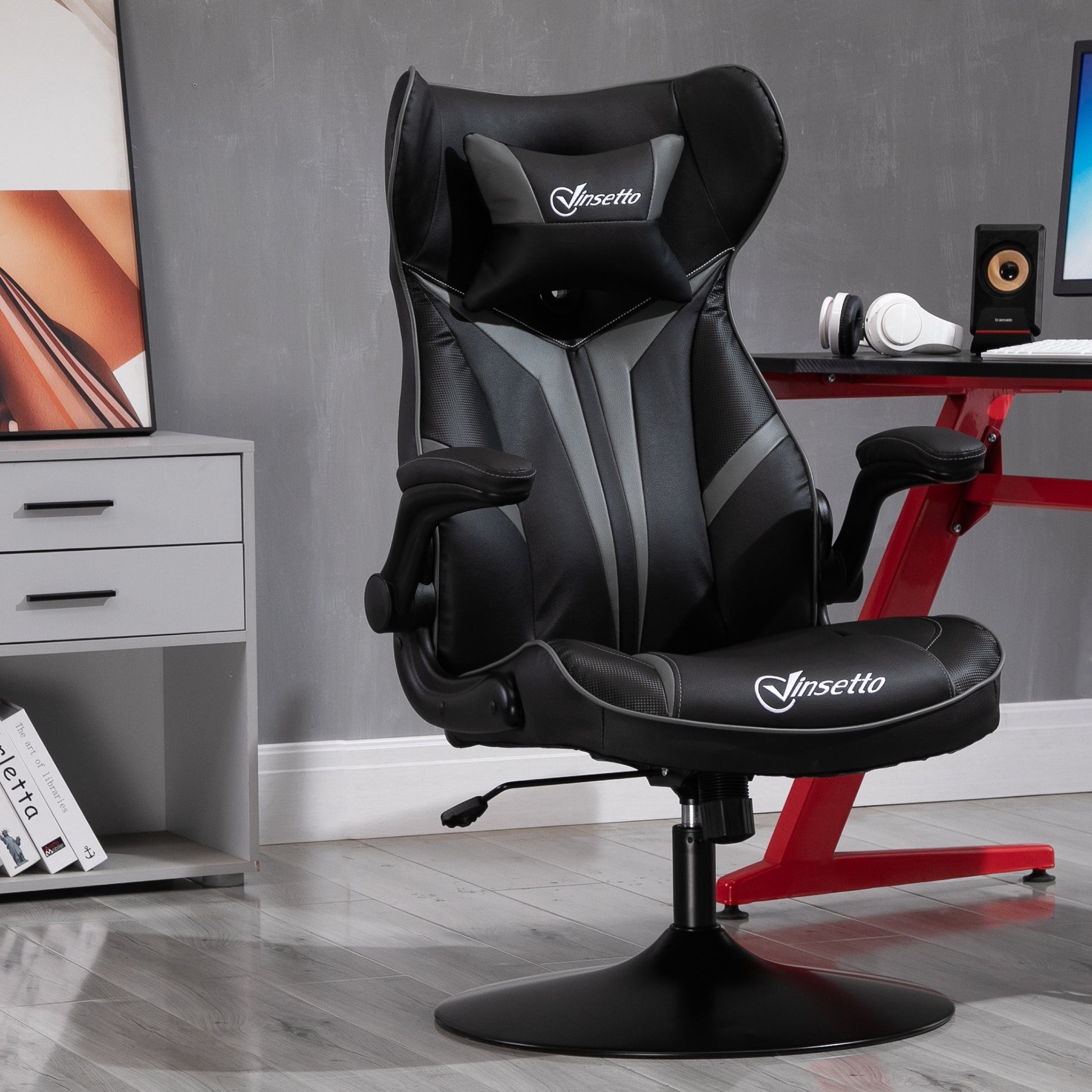Gaming chair ergonomic computer chair with rocking function swivel chair height adjustable steel Black+Gray 67 x 70 x 106-112 cm