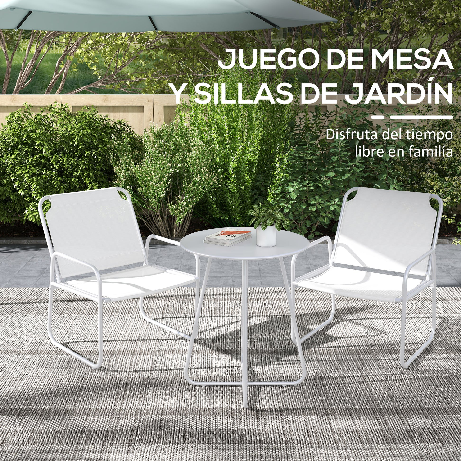 Outdoor Garden Set Garden Furniture Set 1 Round Table and 2 Terrace Chairs with Steel Frame Armrests and Adjustable Foot Pads White