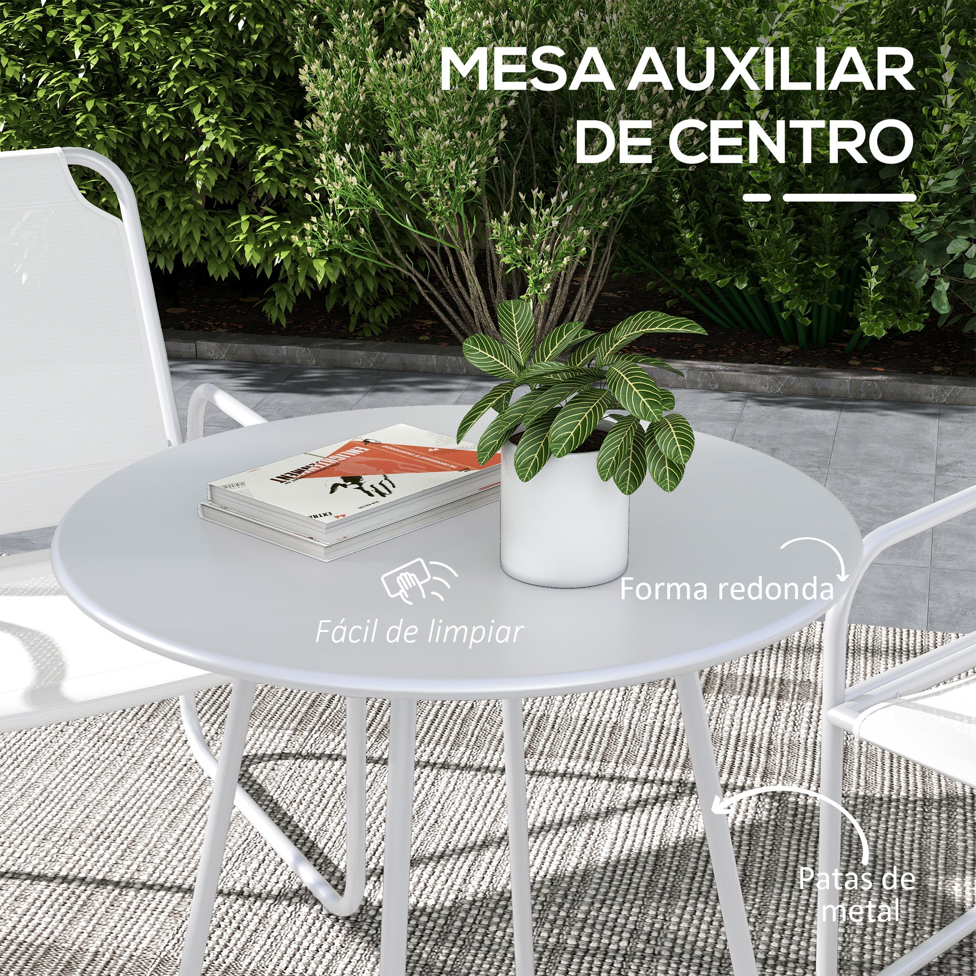 Outdoor Garden Set Garden Furniture Set 1 Round Table and 2 Terrace Chairs with Steel Frame Armrests and Adjustable Foot Pads White